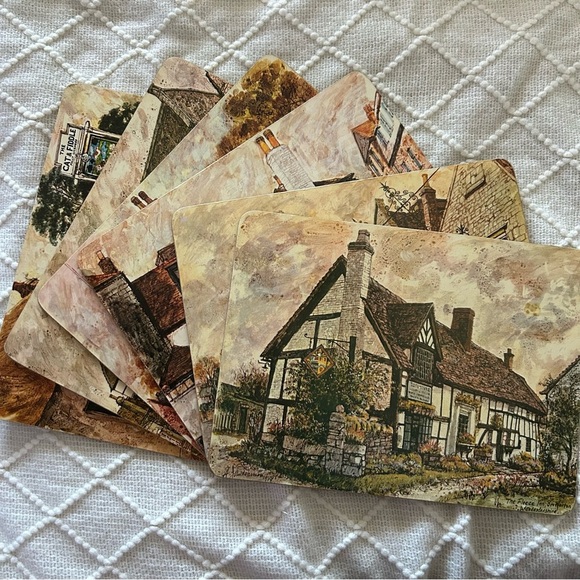 Vintage British Pub Cork Placemats Signed Art Prints Set of‎ 6 Collectible - Picture 1 of 13